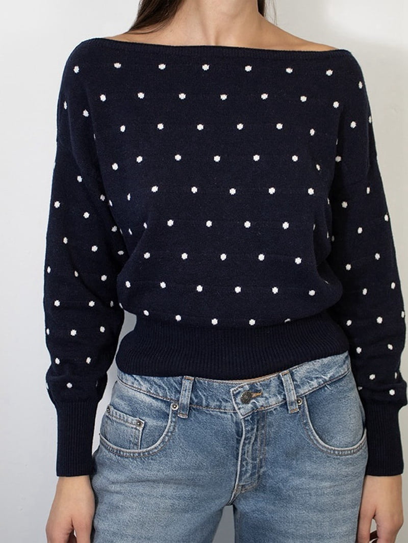JennsThreads Women's Polka Dot Off the Shoulder Knit Pullover in Navy, view 4