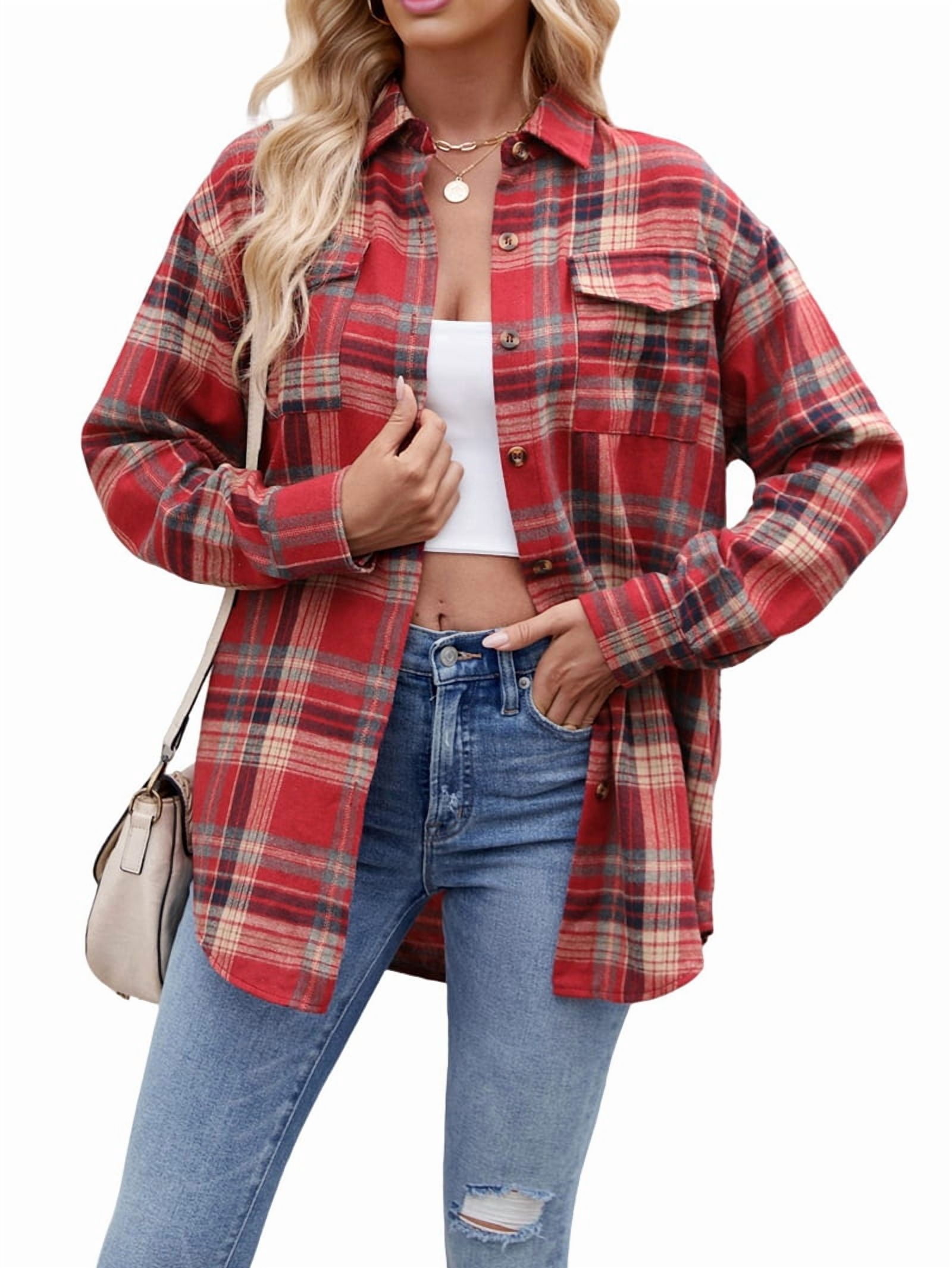 JennsThreads Women's Classic Plaid Flannel Shirt in Red and Khaki, view 3