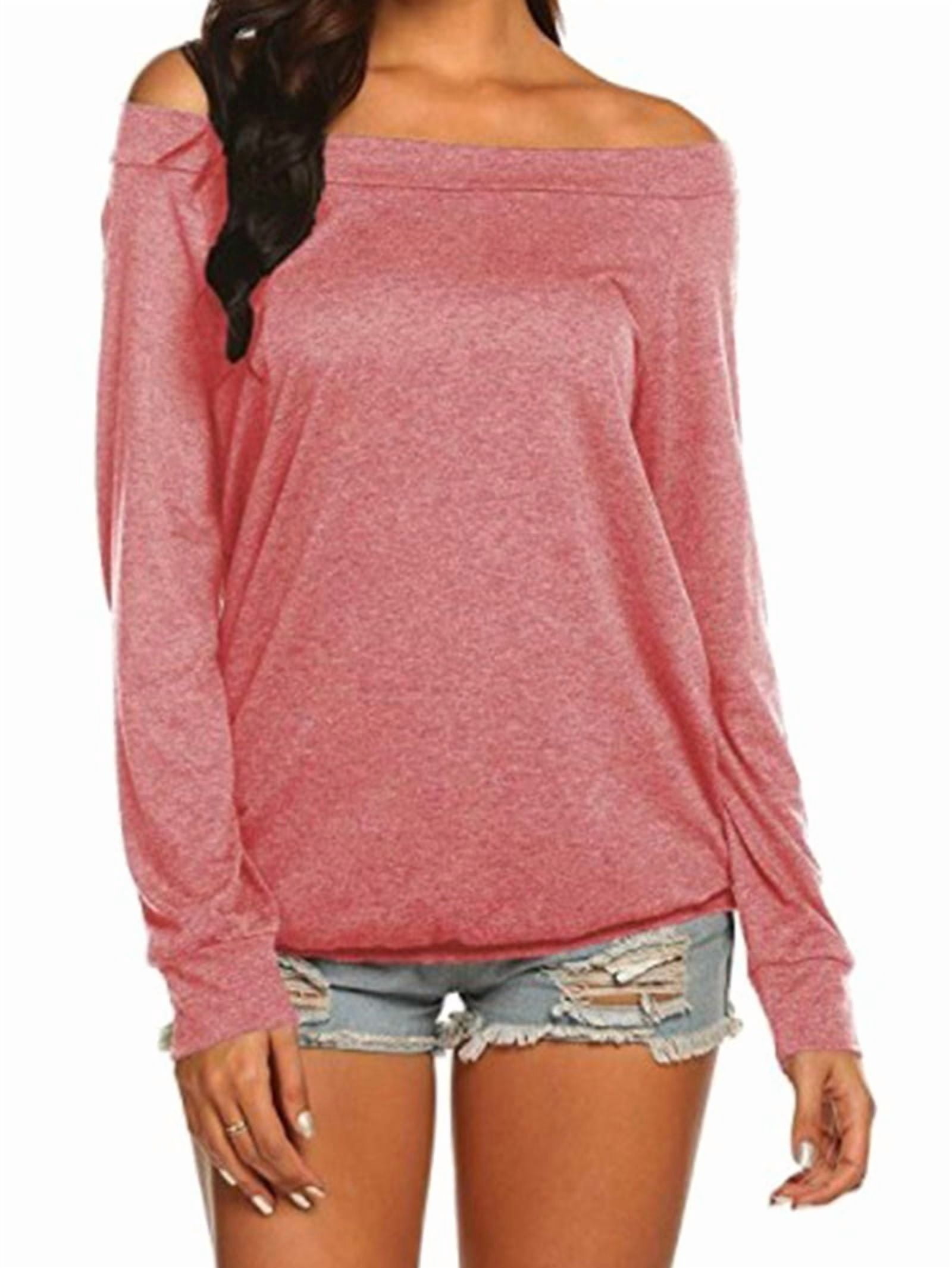 JennsThreads Women's Boat Neck Off the Shoulder Long Sleeve Tee in Pink, view 2