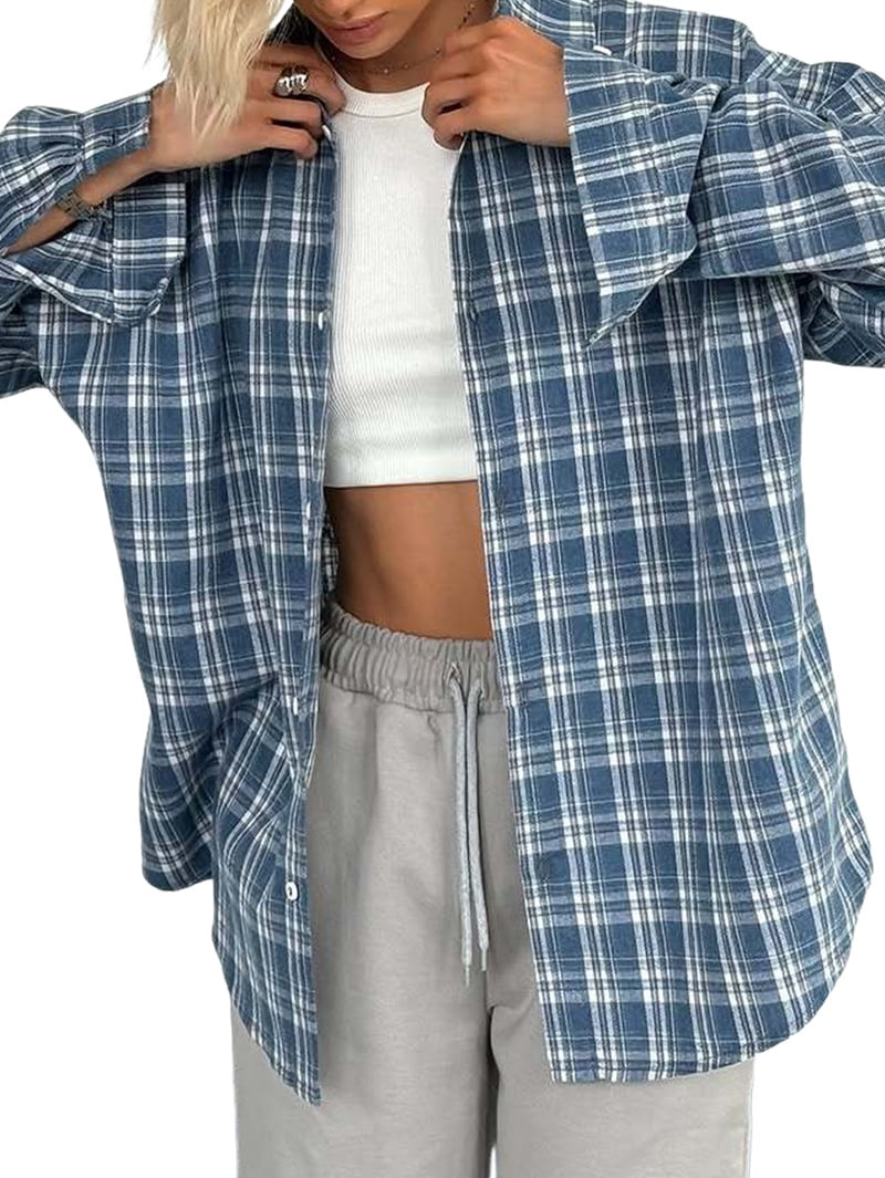 JennsThreads Women's Oversized Plaid Button Down Shirt in Blue, view 2