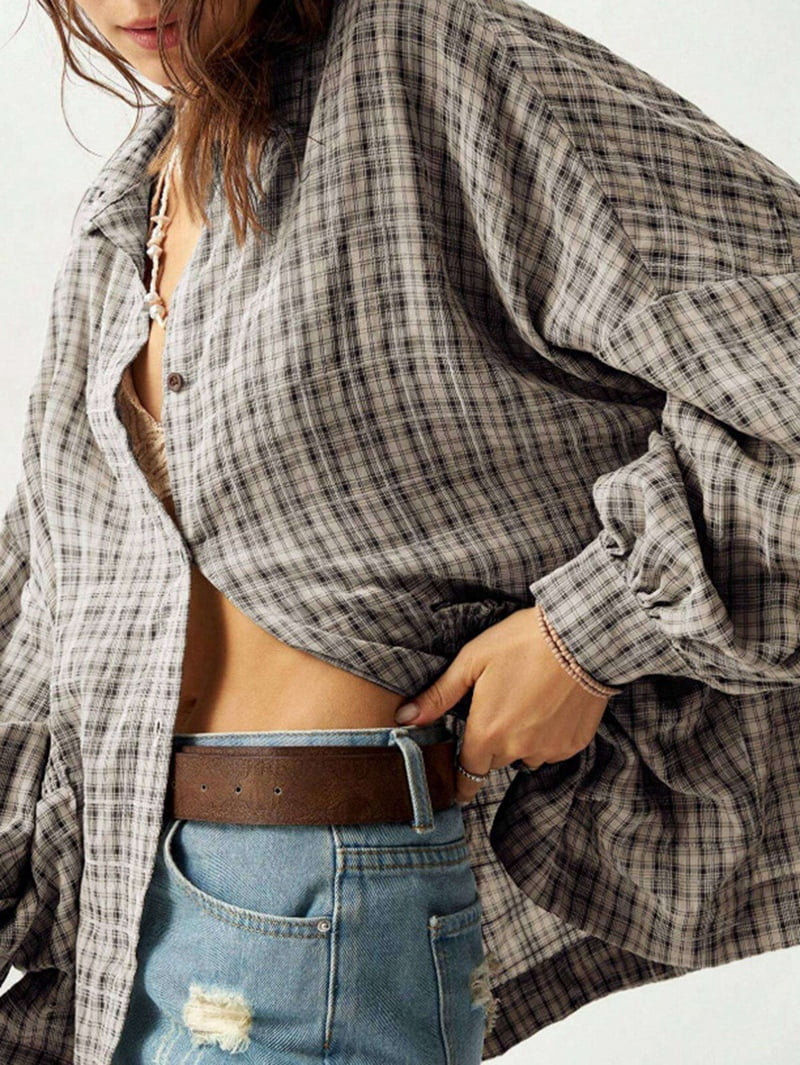 JennsThreads Women's Oversized Plaid Shirt with Lantern Sleeves in Black and Gray, view 6