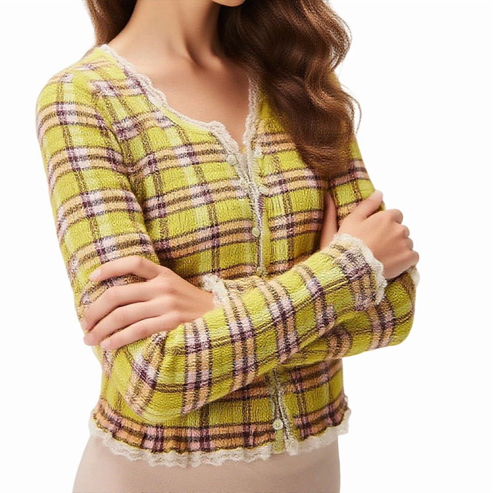 JennsThreads Women's Smocked Plaid Crop Top with Lace Trim in Yellow