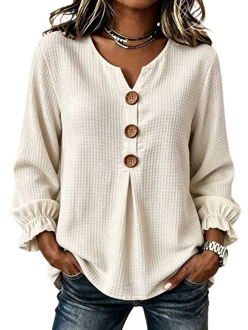 JennsThreads Women's Waffle Knit Henley Tunic Top with Ruffle Cuffs in Apricot, view 2