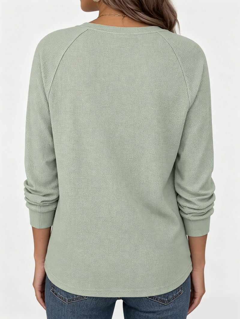 JennsThreads Women's Crew Neck Waffle Knit Henley Top in Sage Green, view 4