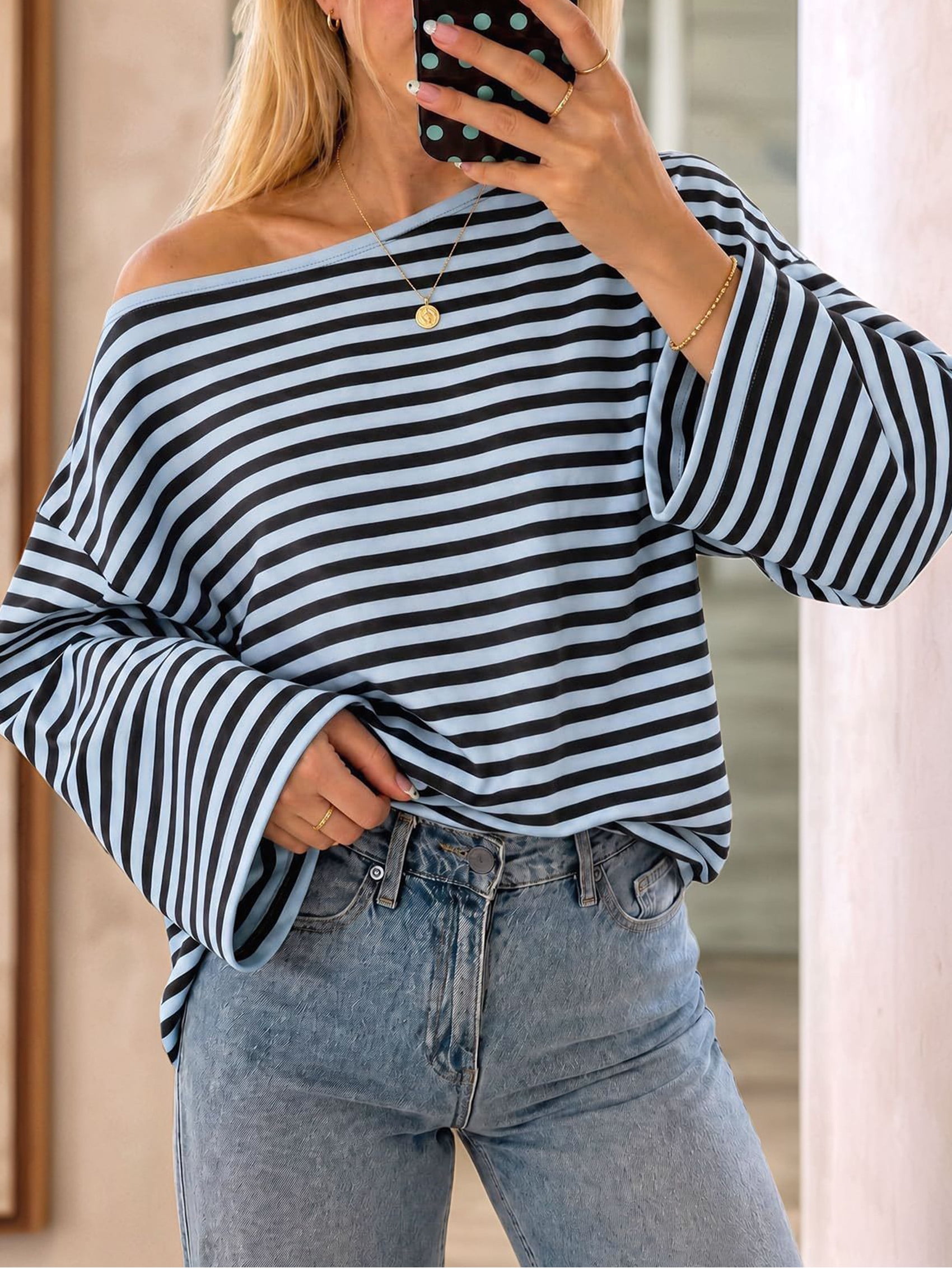 JennsThreads Women's Striped Off the Shoulder Long Sleeve Top in Blue, view 7