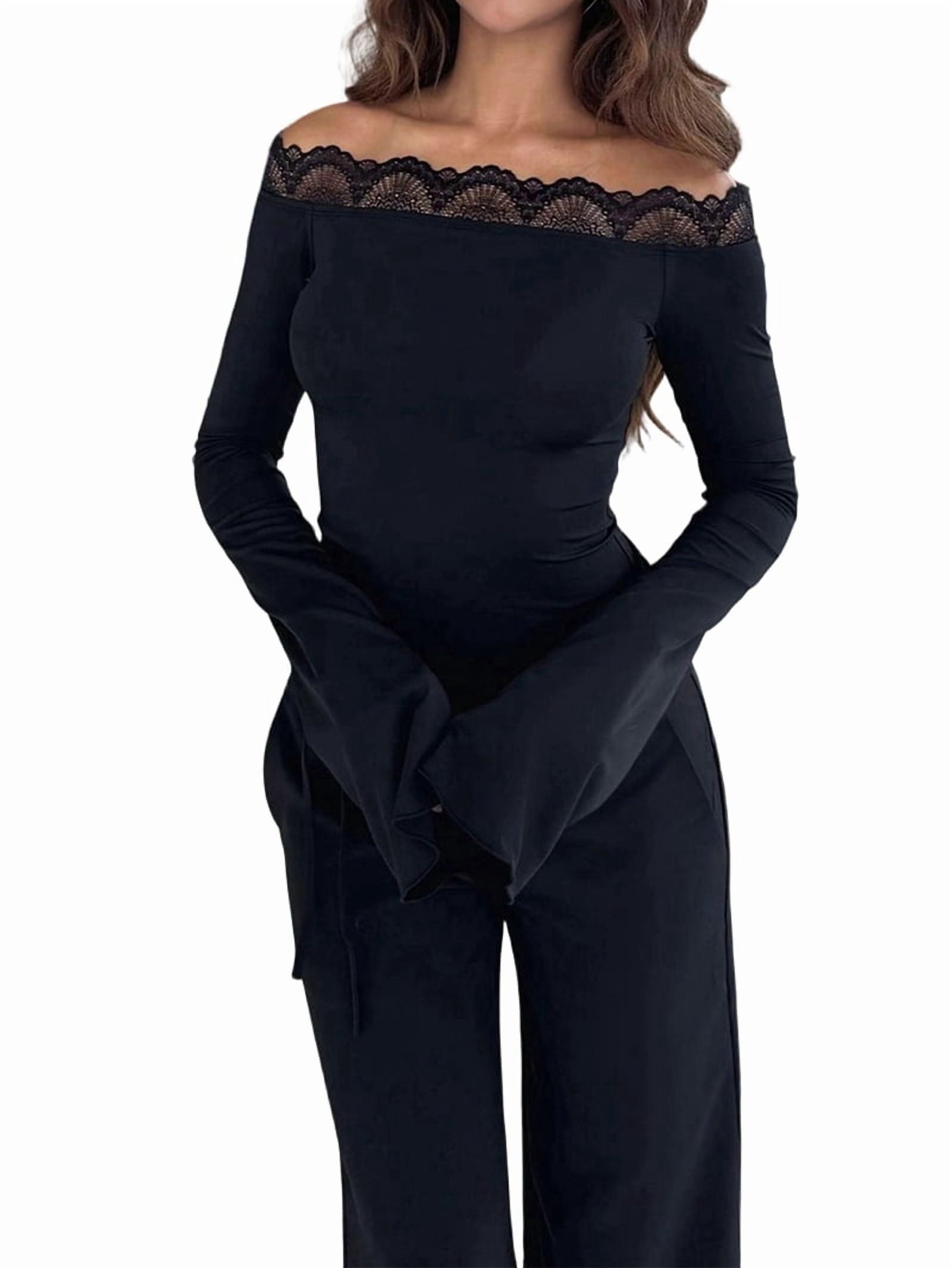 JennsThreads Women's Off the Shoulder Bell Sleeve Top with Lace Trim in Black, view 3