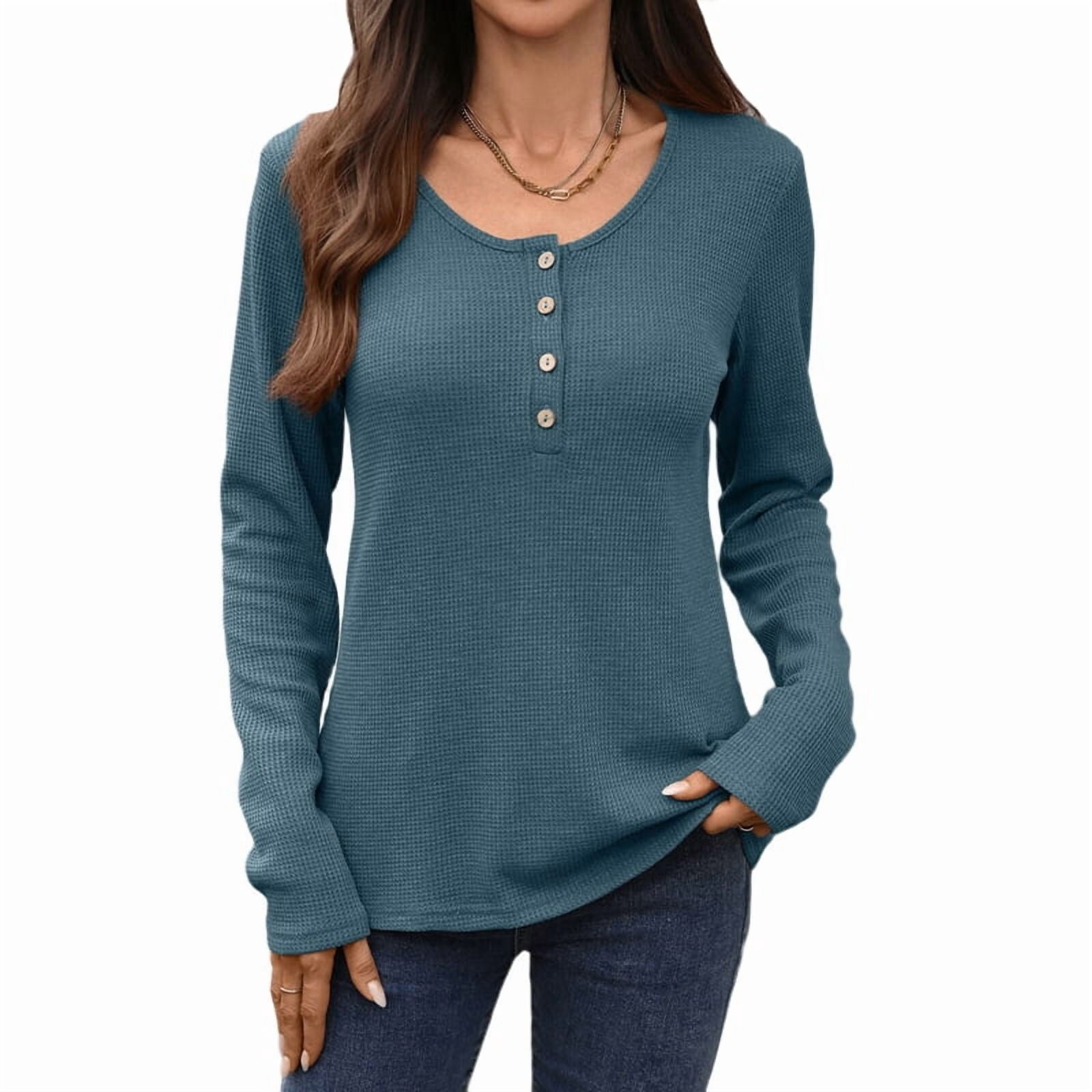 JennsThreads Women's Waffle Knit Button Front Henley Top in Blue Grey
