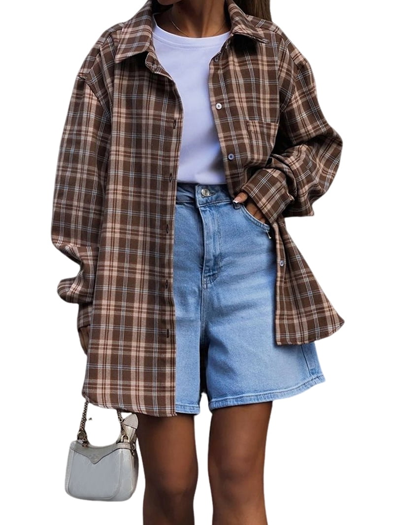 JennsThreads Women's Lapel Collar Plaid Shirt with Chest Pocket in Khaki