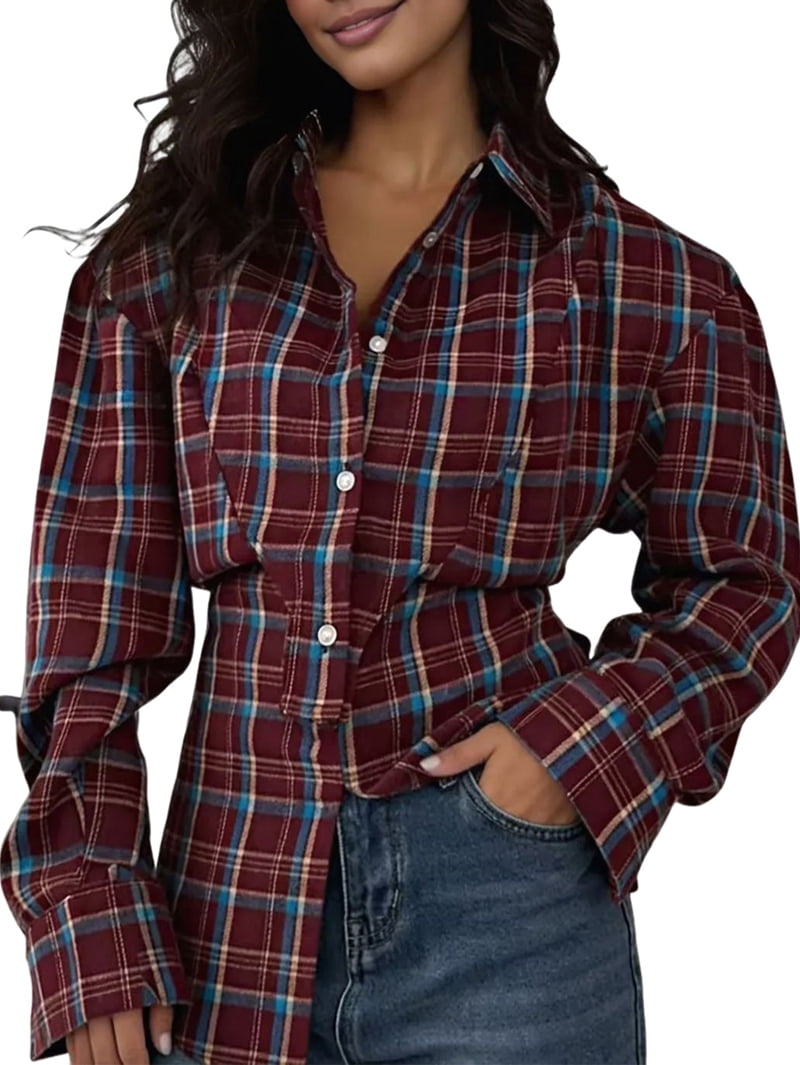 JennsThreads Women's Plaid Shirt with Tie Back Waist in Wine Red