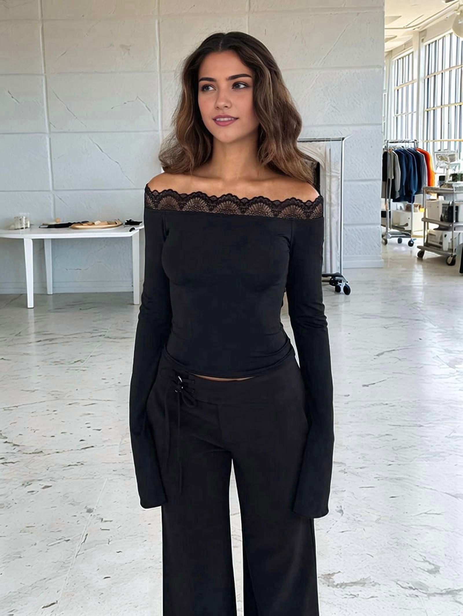 JennsThreads Women's Off the Shoulder Bell Sleeve Top with Lace Trim in Black, view 8