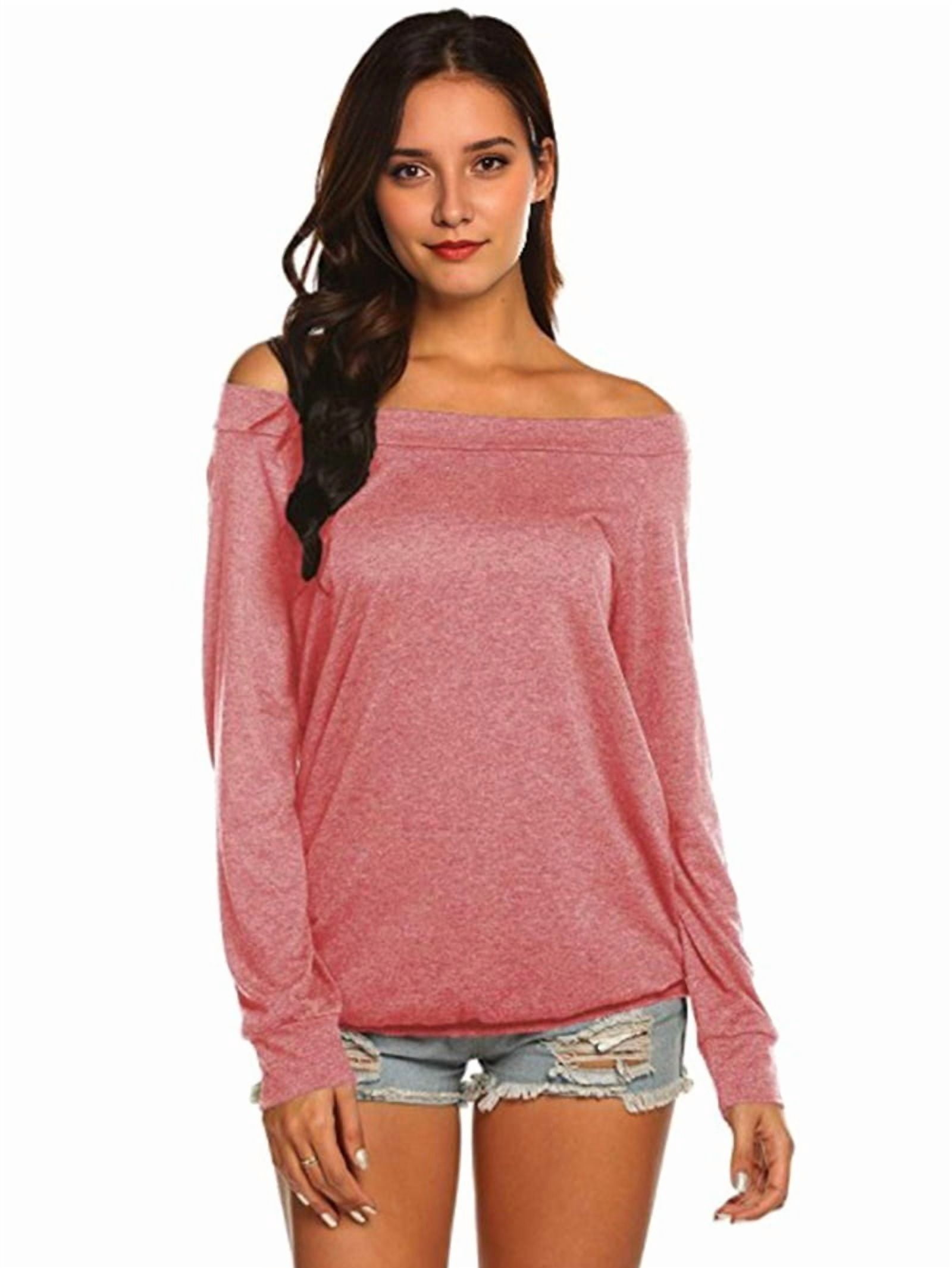 JennsThreads Women's Boat Neck Off the Shoulder Long Sleeve Tee in Pink, view 4