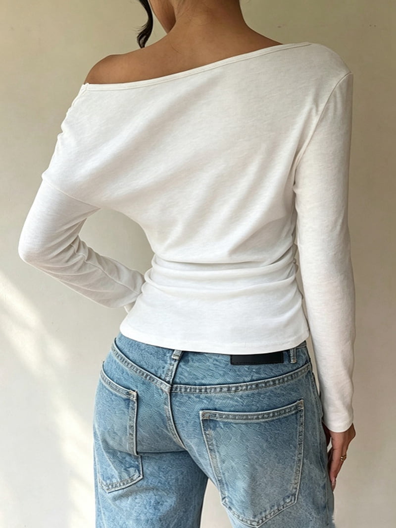 JennsThreads Women's Asymmetric Off the Shoulder Top with Lace Panel in White, view 9