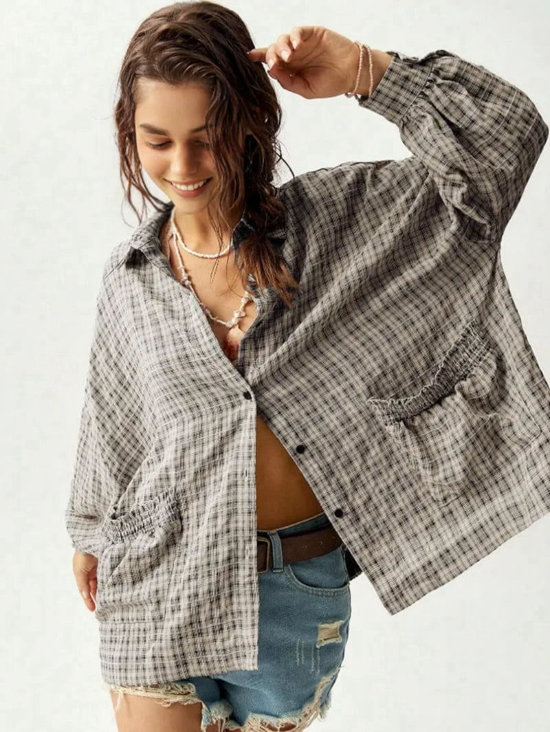 JennsThreads Women's Oversized Plaid Shirt with Lantern Sleeves in Black and Gray, view 5