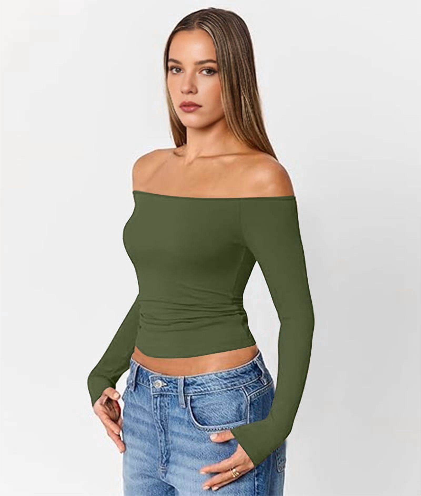 JennsThreads Women's Fitted Off the Shoulder Long Sleeve Top in Army Green, view 6