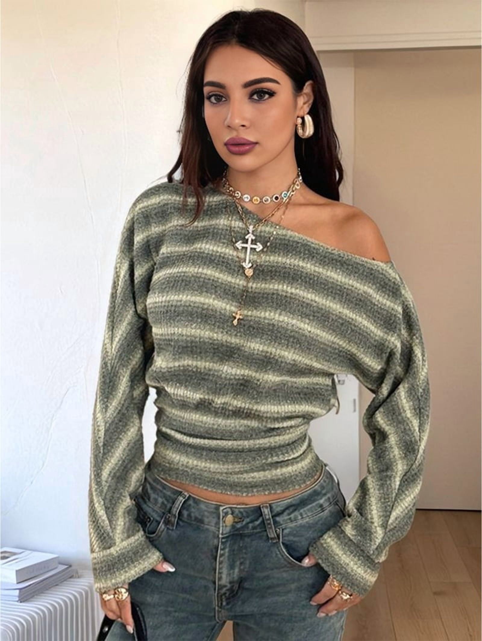 JennsThreads Women's Diagonal Off the Shoulder Striped Knit Top in Green, view 5