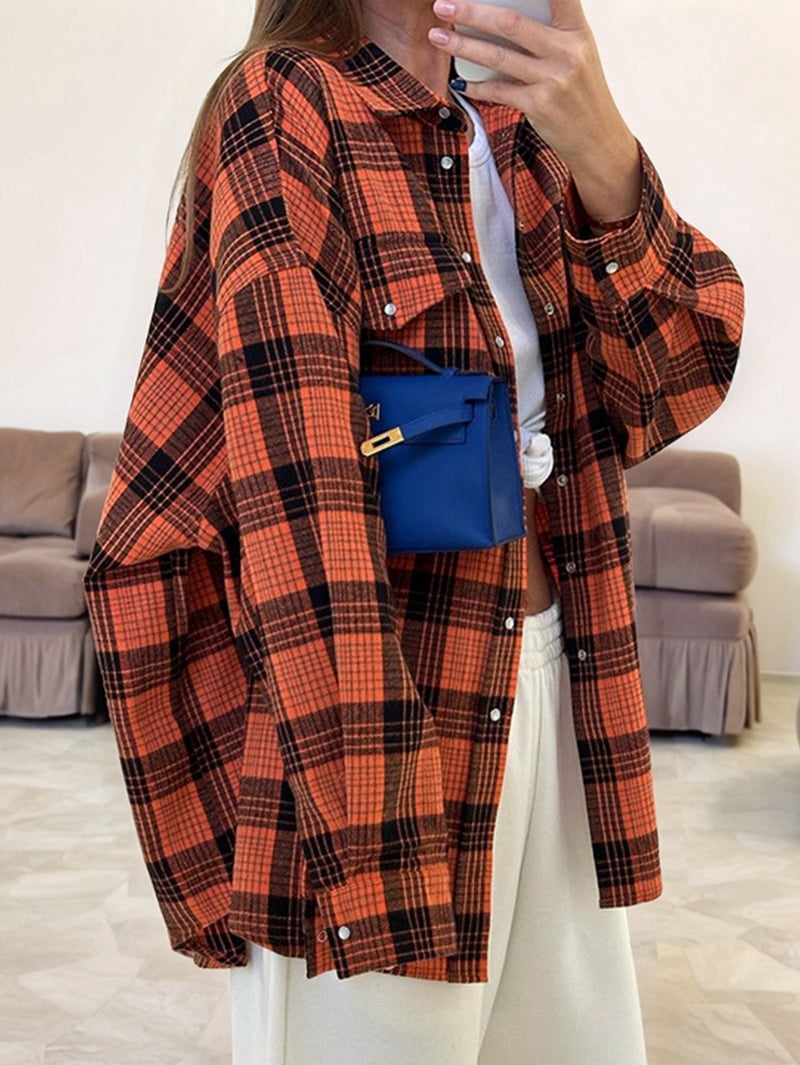 JennsThreads Women's Plaid Shirt with Roll Tab Sleeves in Orange, view 4