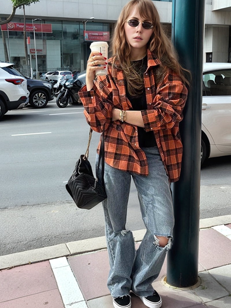 JennsThreads Women's Plaid Shirt with Roll Tab Sleeves in Orange, view 8