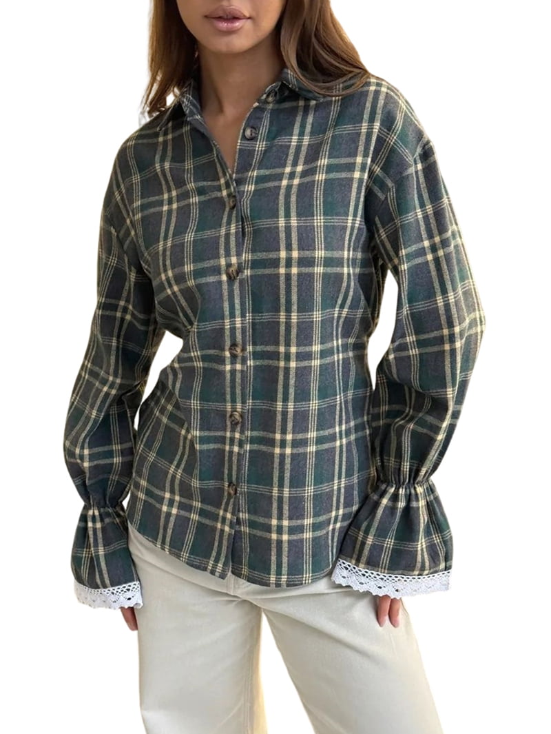 JennsThreads Women's Plaid Shirt with Lace Flared Cuffs in Olive Green, view 2