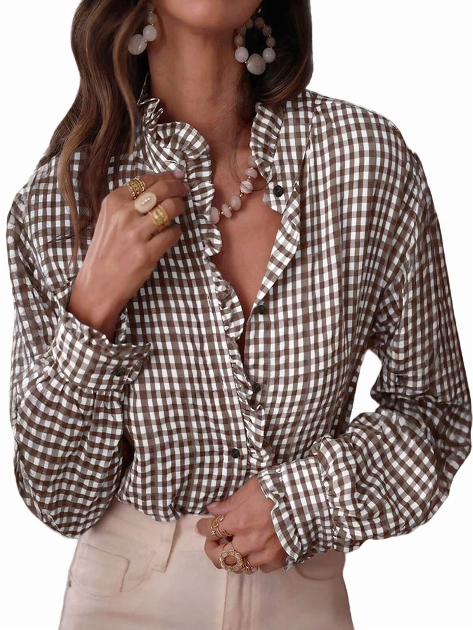 JennsThreads Women's Gingham Ruffle V Neck Button Down Shirt in Brown