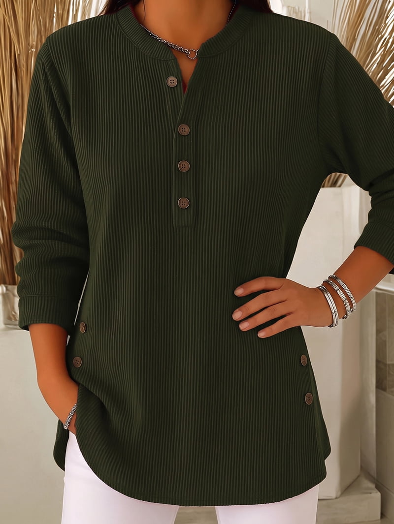 JennsThreads Women's Ribbed Henley Tunic with Side Button Hem in Army Green, view 4