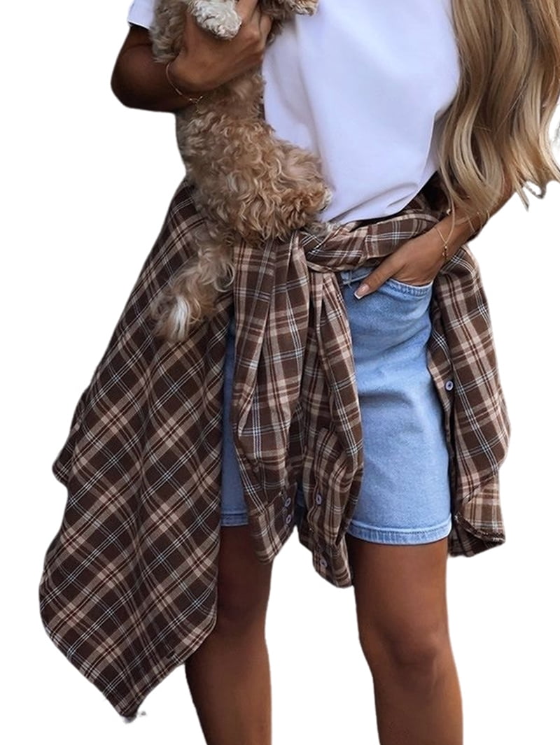 JennsThreads Women's Lapel Collar Plaid Shirt with Chest Pocket in Khaki, view 3