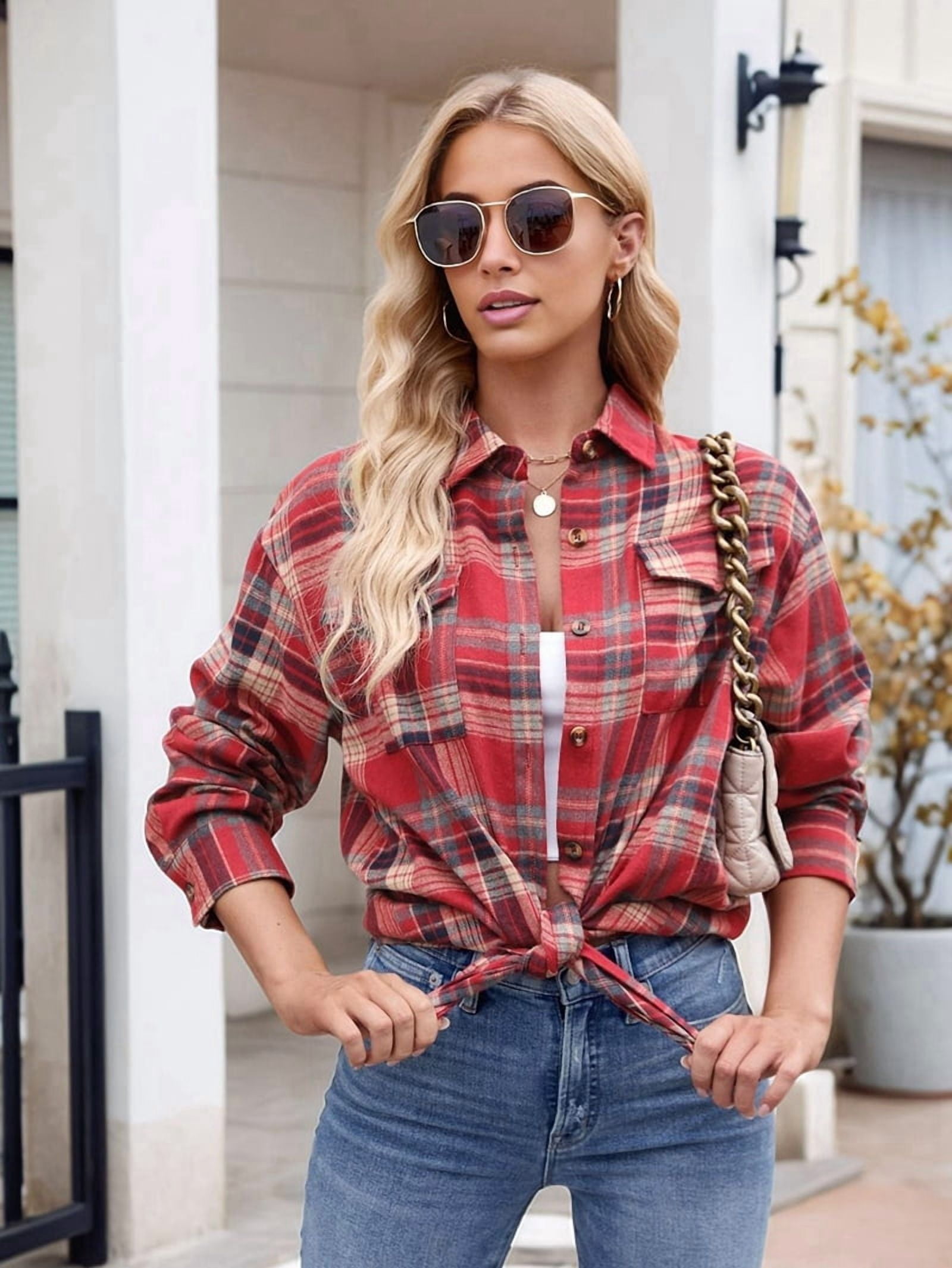 JennsThreads Women's Classic Plaid Flannel Shirt in Red and Khaki, view 5