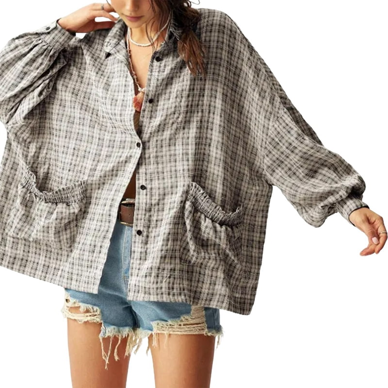 JennsThreads Women's Oversized Plaid Shirt with Lantern Sleeves in Black and Gray