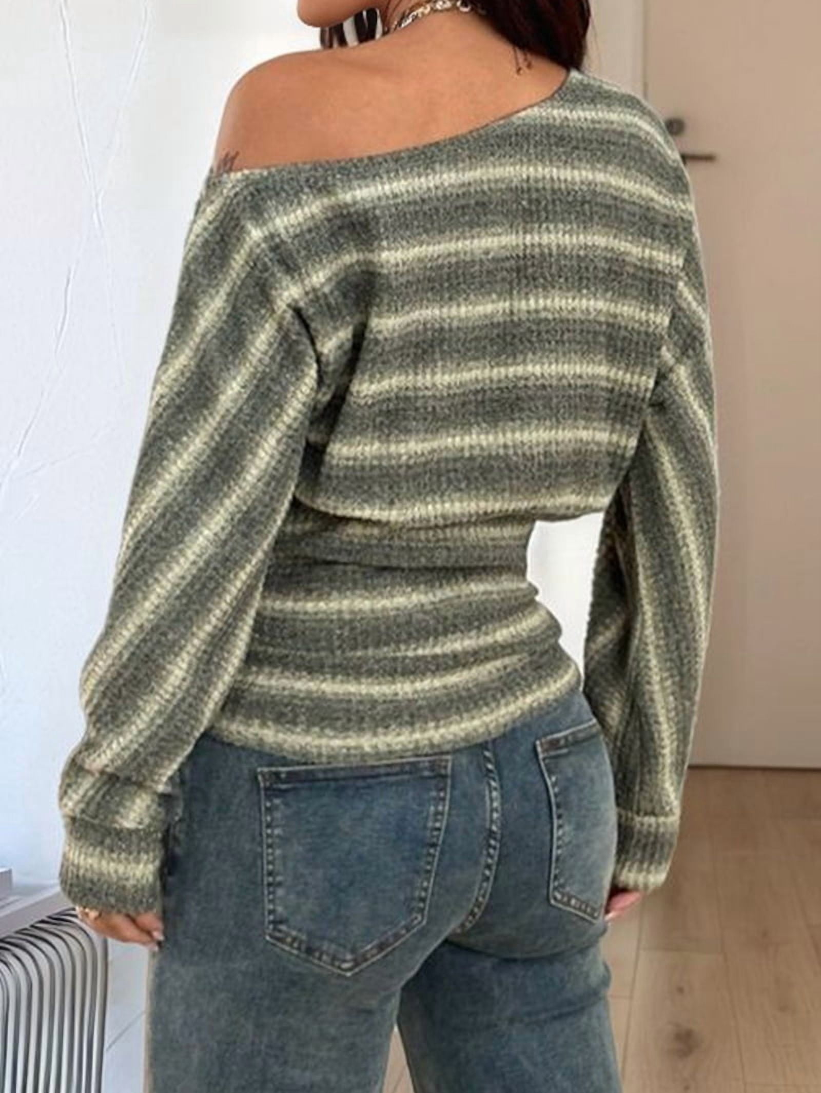 JennsThreads Women's Diagonal Off the Shoulder Striped Knit Top in Green, view 9