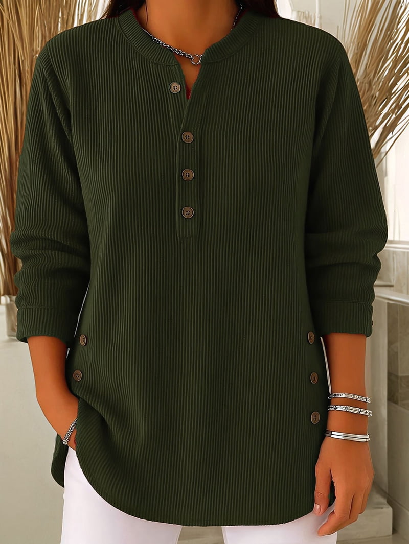 JennsThreads Women's Ribbed Henley Tunic with Side Button Hem in Army Green, view 6