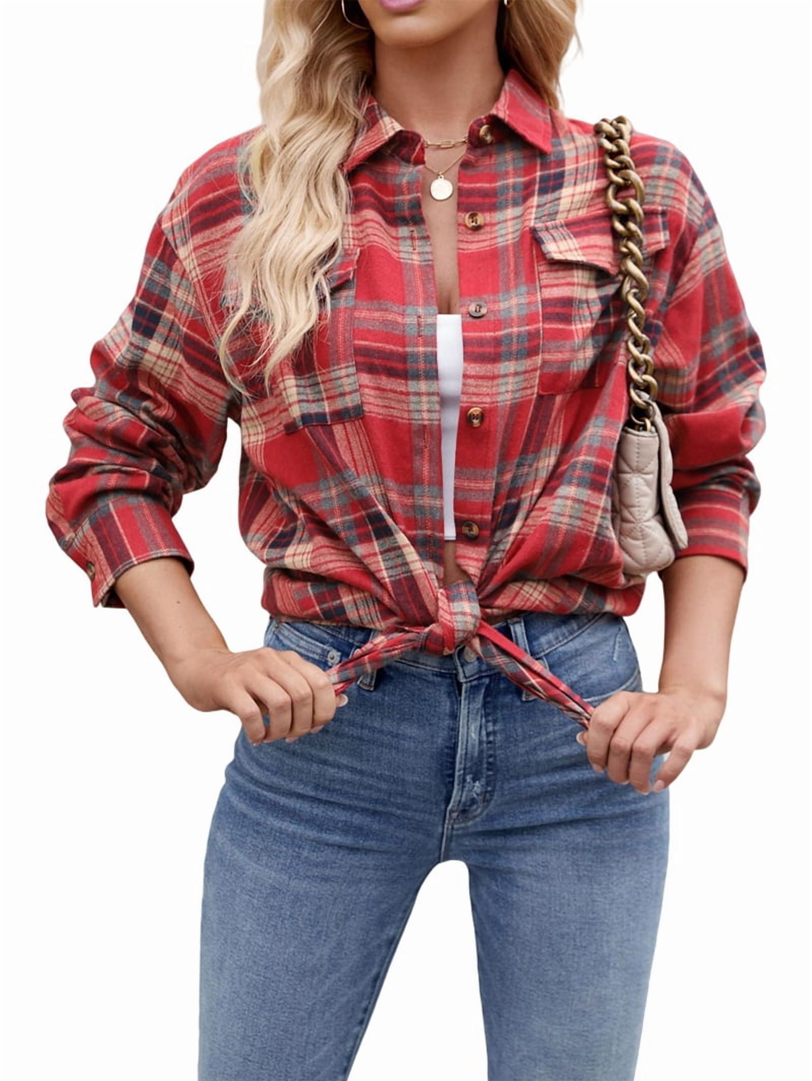 JennsThreads Women's Classic Plaid Flannel Shirt in Red and Khaki, view 2