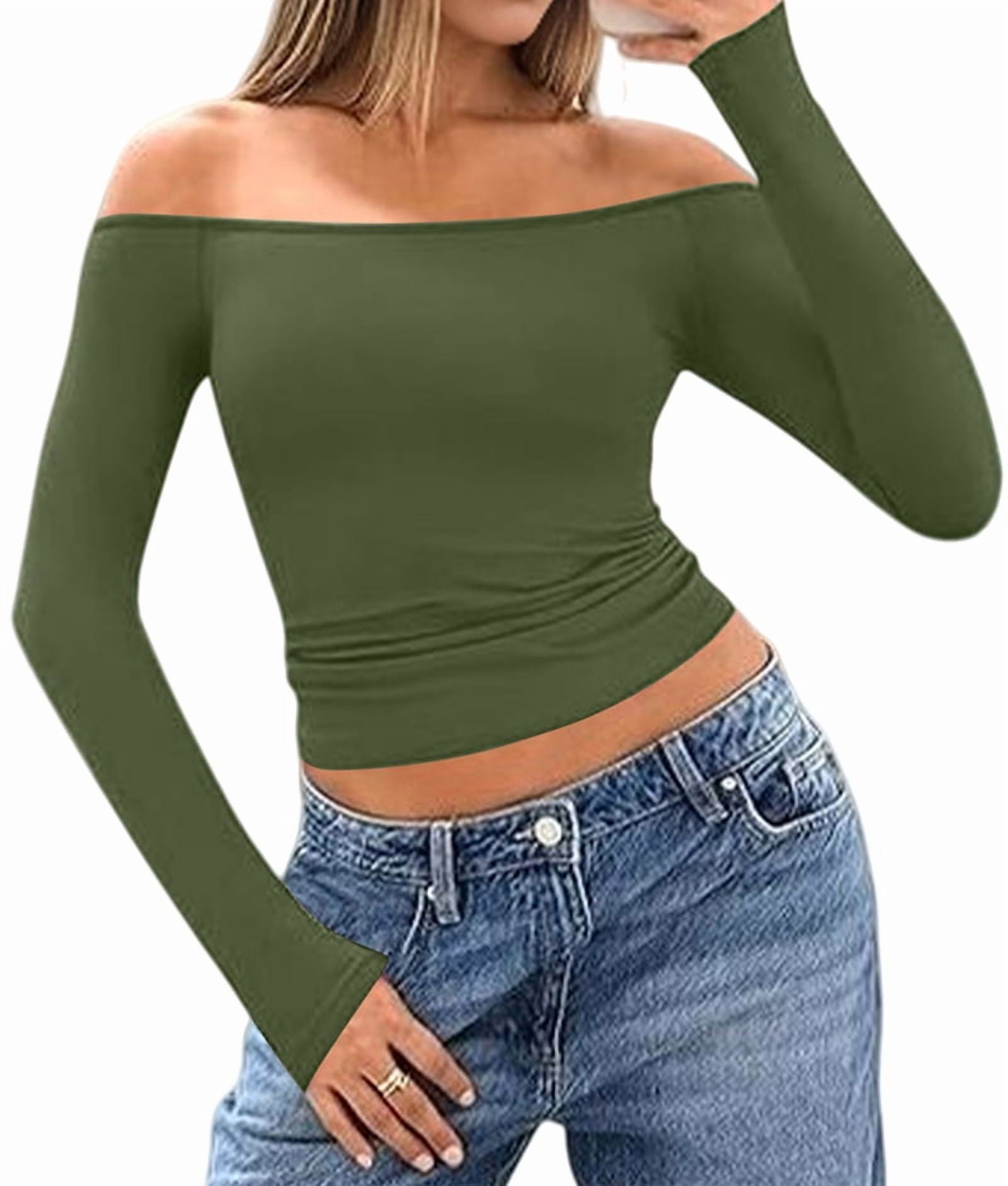 JennsThreads Women's Fitted Off the Shoulder Long Sleeve Top in Army Green, view 2