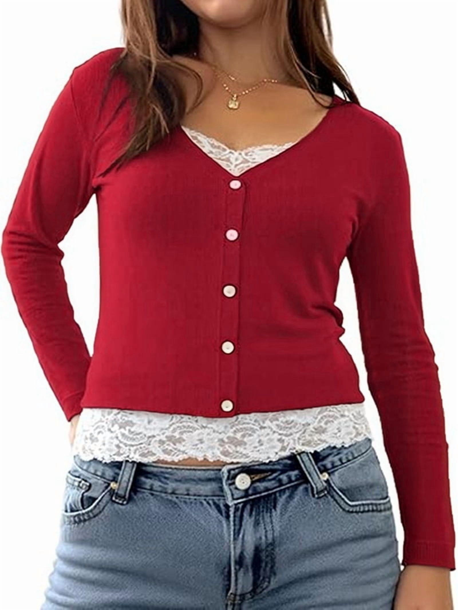 JennsThreads Women's Button Front Henley Top with Lace Trim in Red, view 2