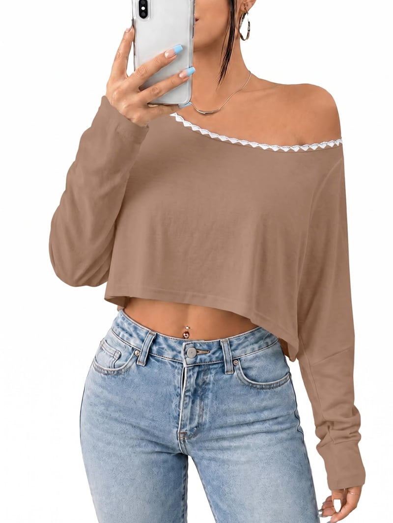 JennsThreads Women's Off the Shoulder Crop Top with Zigzag Trim in Khaki, view 2