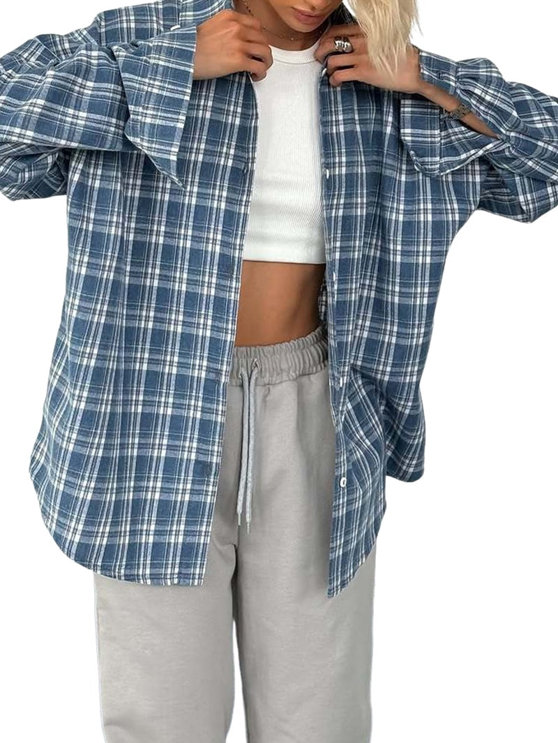 JennsThreads Women's Oversized Plaid Button Down Shirt in Blue