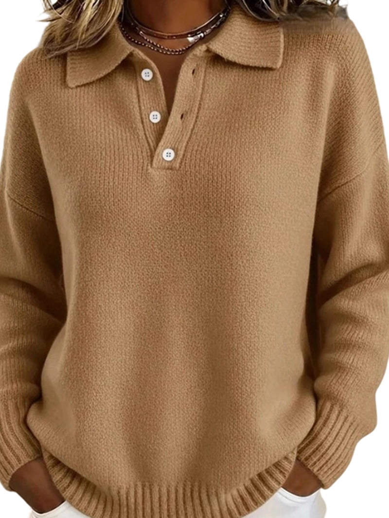 JennsThreads Women's Collared Half Button Henley Sweater in Khaki, view 2