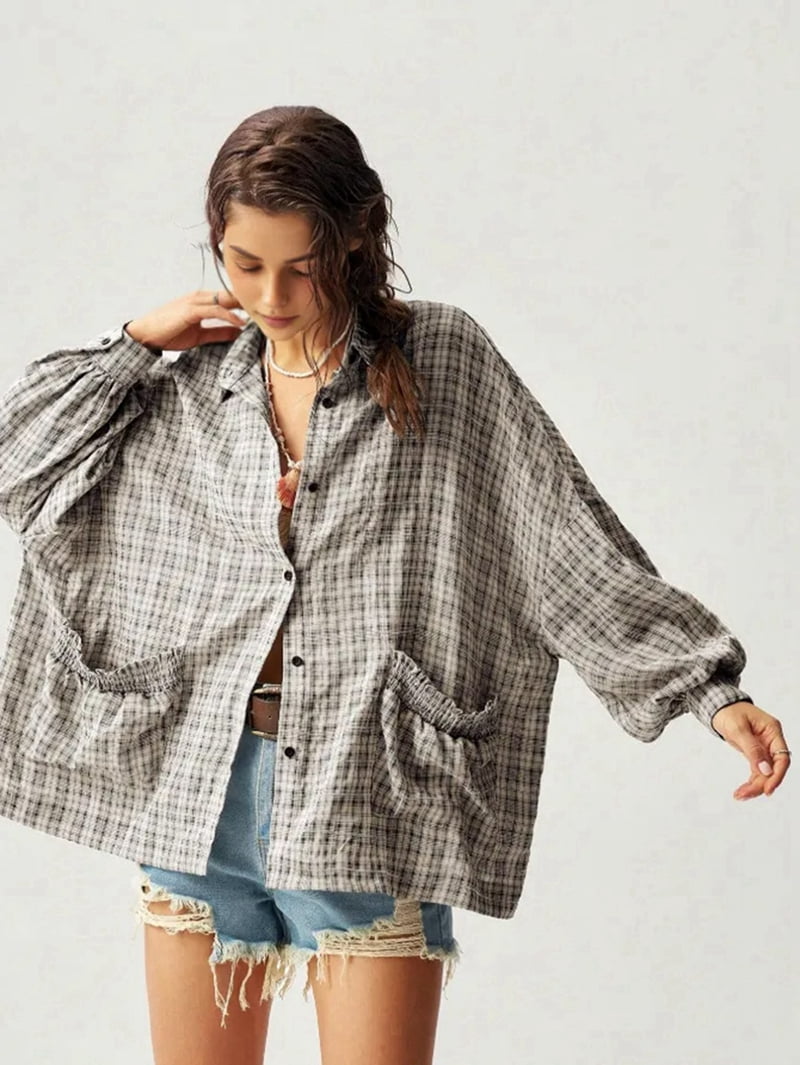 JennsThreads Women's Oversized Plaid Shirt with Lantern Sleeves in Black and Gray, view 4
