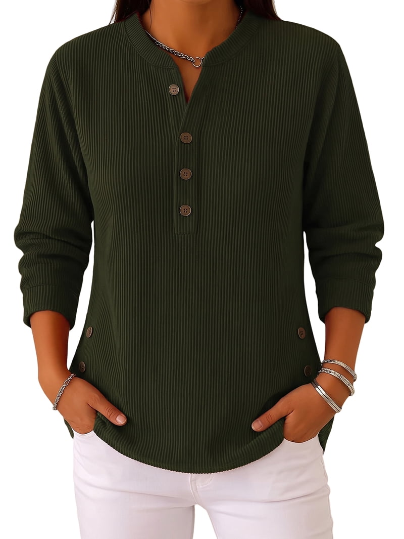 JennsThreads Women's Ribbed Henley Tunic with Side Button Hem in Army Green, view 3