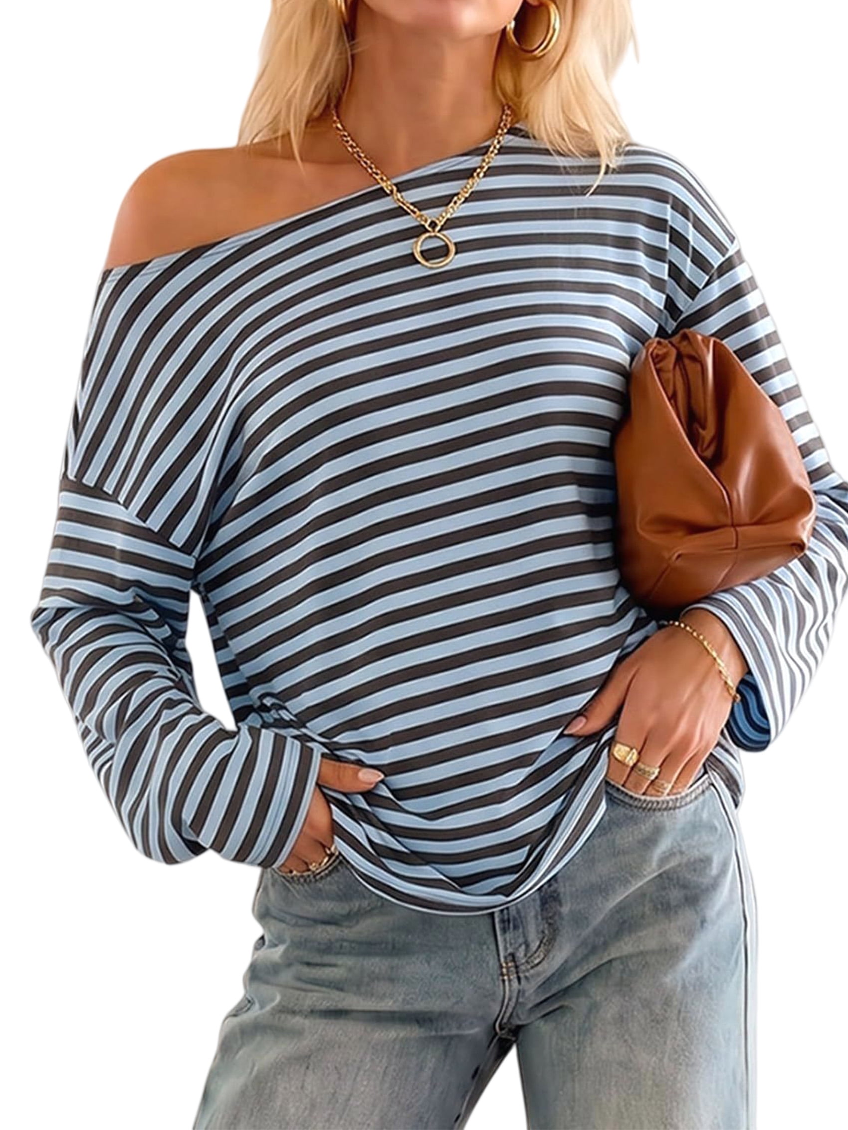 JennsThreads Women's Striped Off the Shoulder Long Sleeve Top in Blue