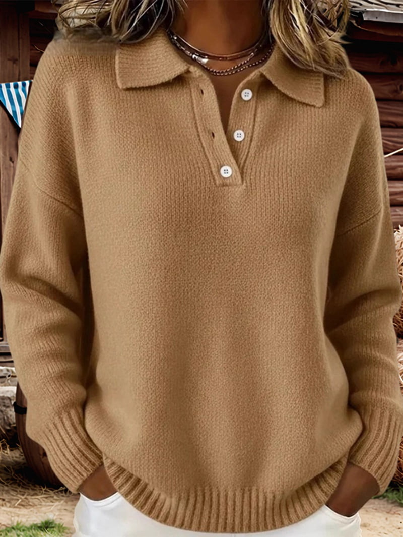 JennsThreads Women's Collared Half Button Henley Sweater in Khaki, view 4