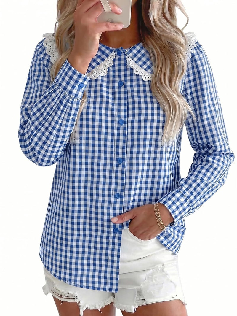 JennsThreads Women's Gingham Shirt with Lace Doll Collar in Blue