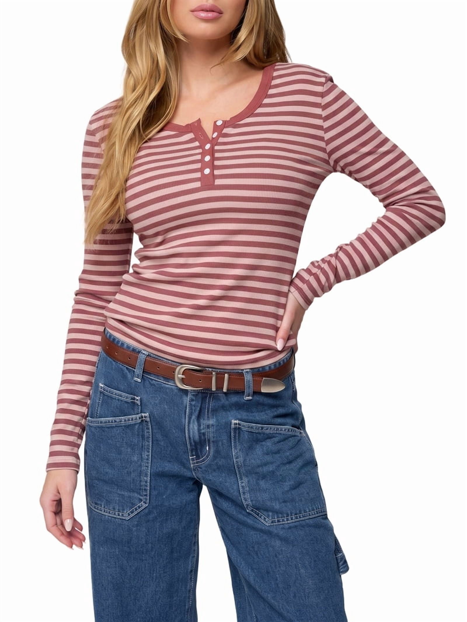 JennsThreads Women's Striped Fitted Henley Top in Wine Red, view 2