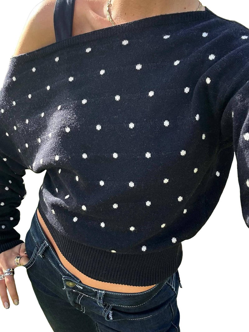 JennsThreads Women's Polka Dot Off the Shoulder Knit Pullover in Navy, view 3