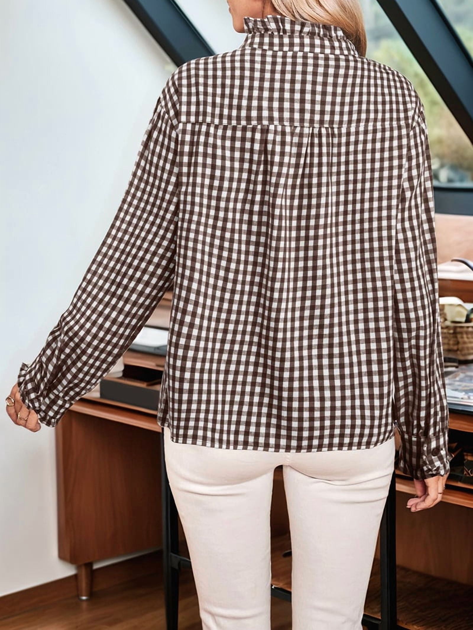 JennsThreads Women's Gingham Ruffle V Neck Button Down Shirt in Brown, view 7