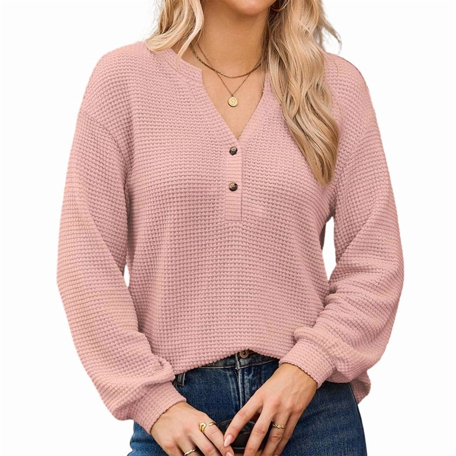 JennsThreads Women's Waffle Knit V Neck Henley Pullover in Pink, view 2