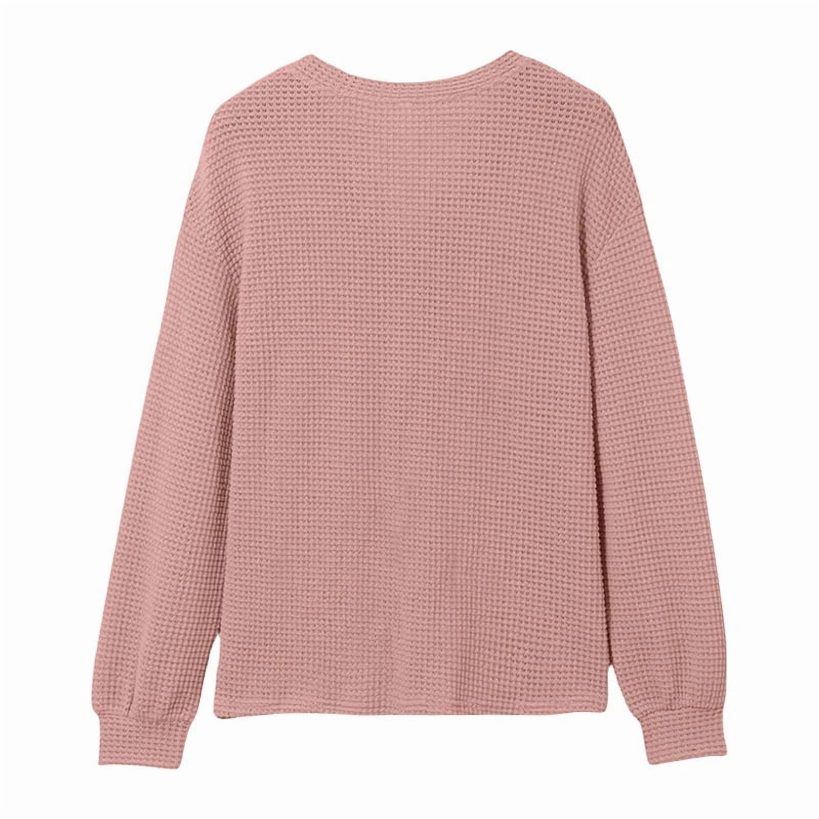 JennsThreads Women's Waffle Knit V Neck Henley Pullover in Pink, view 4