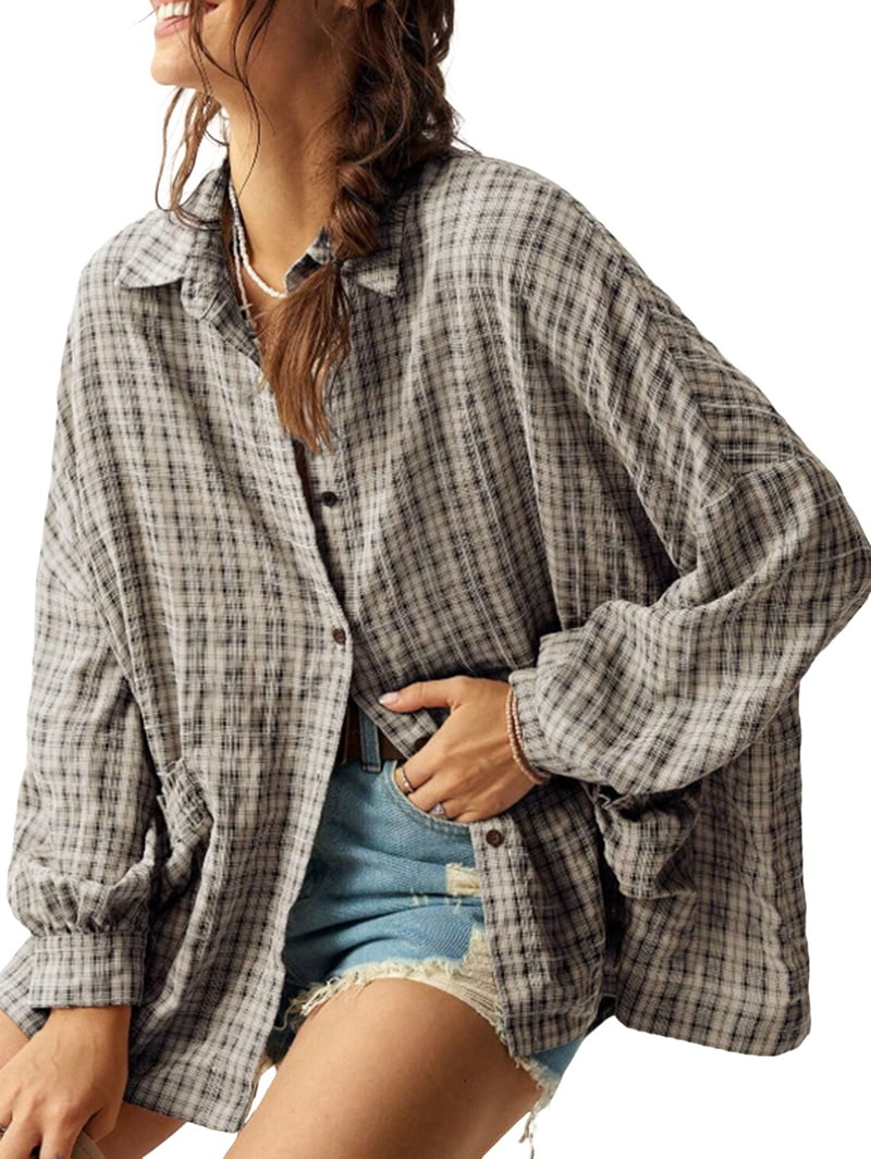 JennsThreads Women's Oversized Plaid Shirt with Lantern Sleeves in Black and Gray, view 2