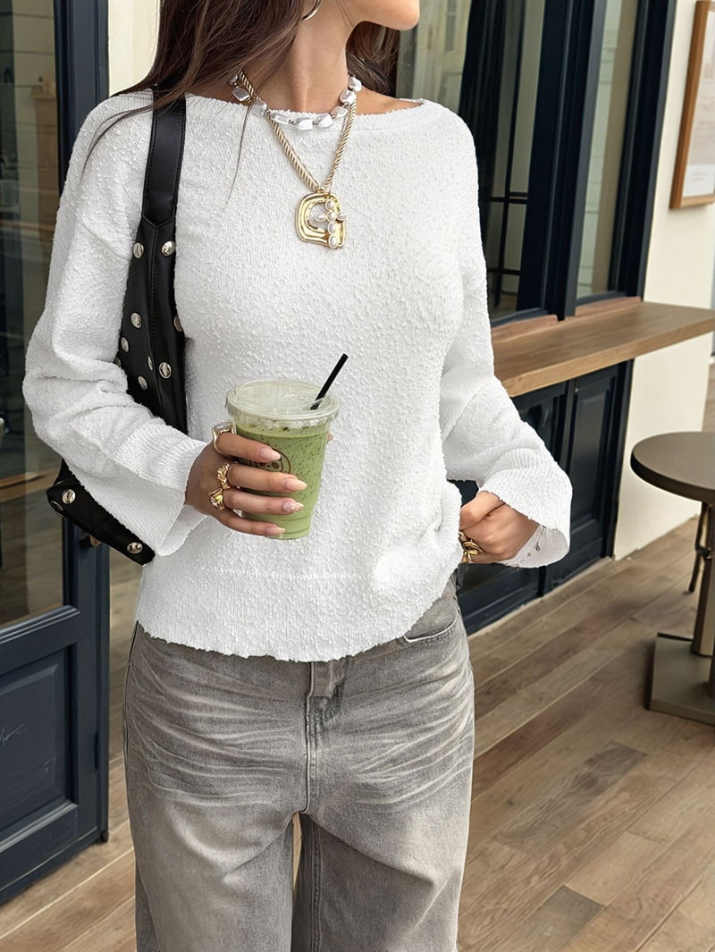 JennsThreads Women's Off the Shoulder Textured Knit Top in White, view 7