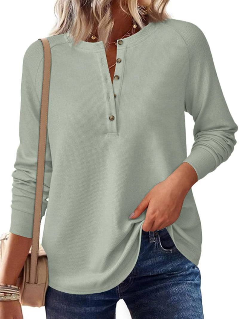 JennsThreads Women's Crew Neck Waffle Knit Henley Top in Sage Green, view 2