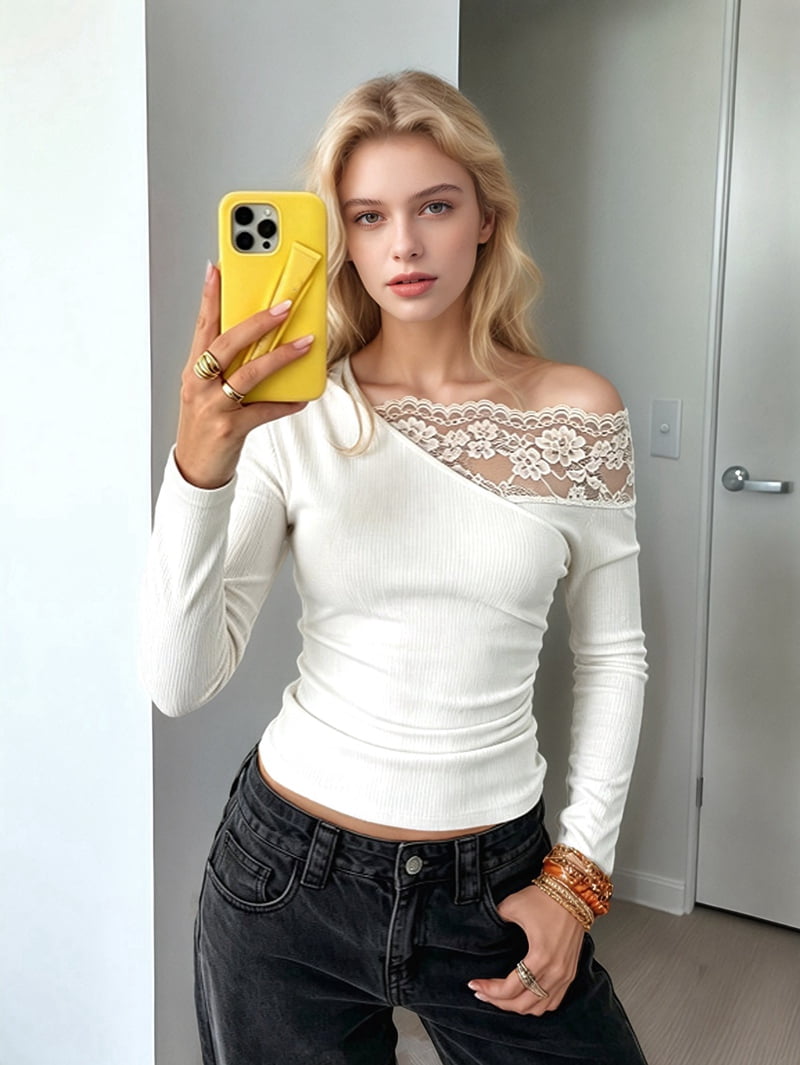 JennsThreads Women's Asymmetric Off the Shoulder Top with Lace Panel in White, view 8