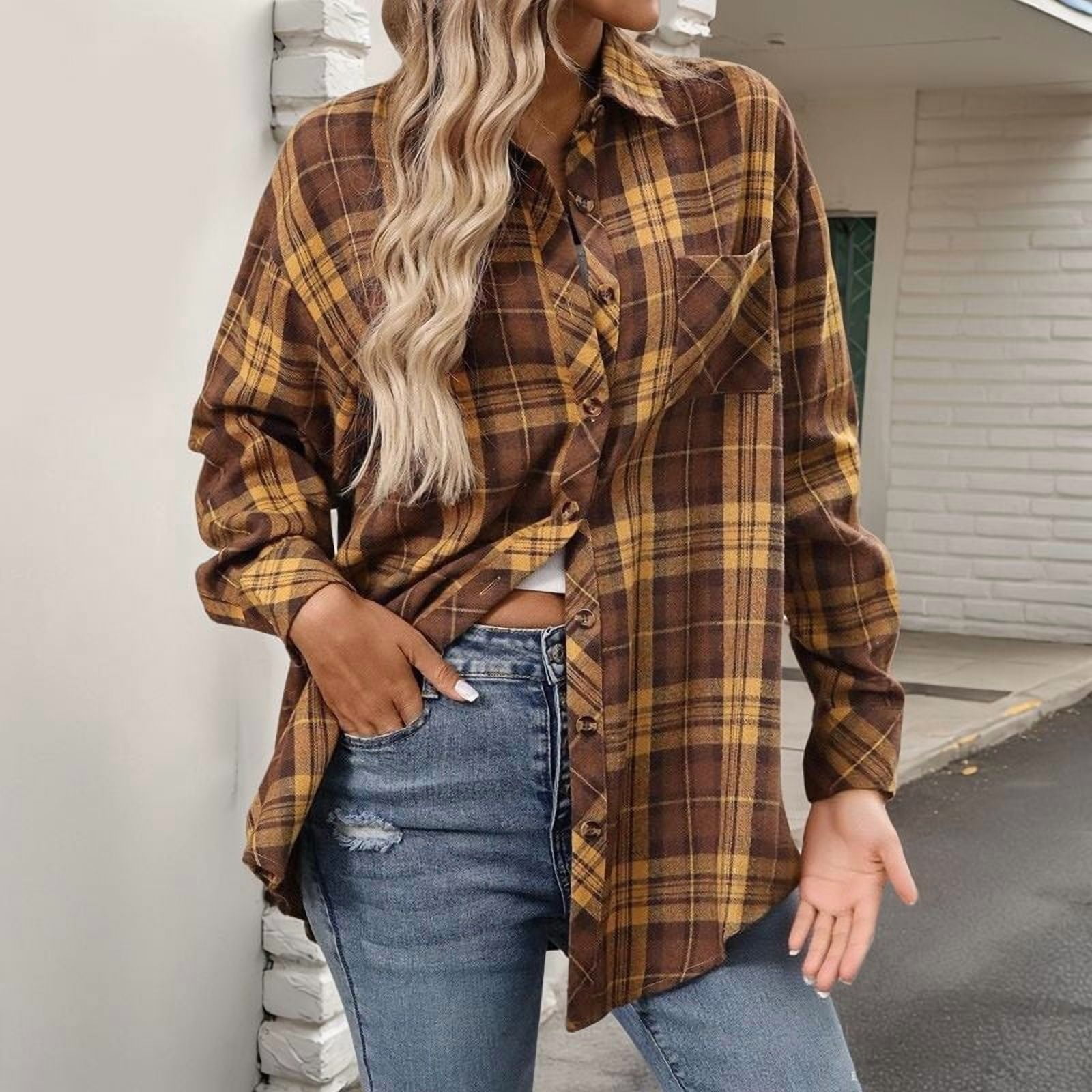 JennsThreads Women's Oversized Plaid Flannel Shirt in Mustard, view 5